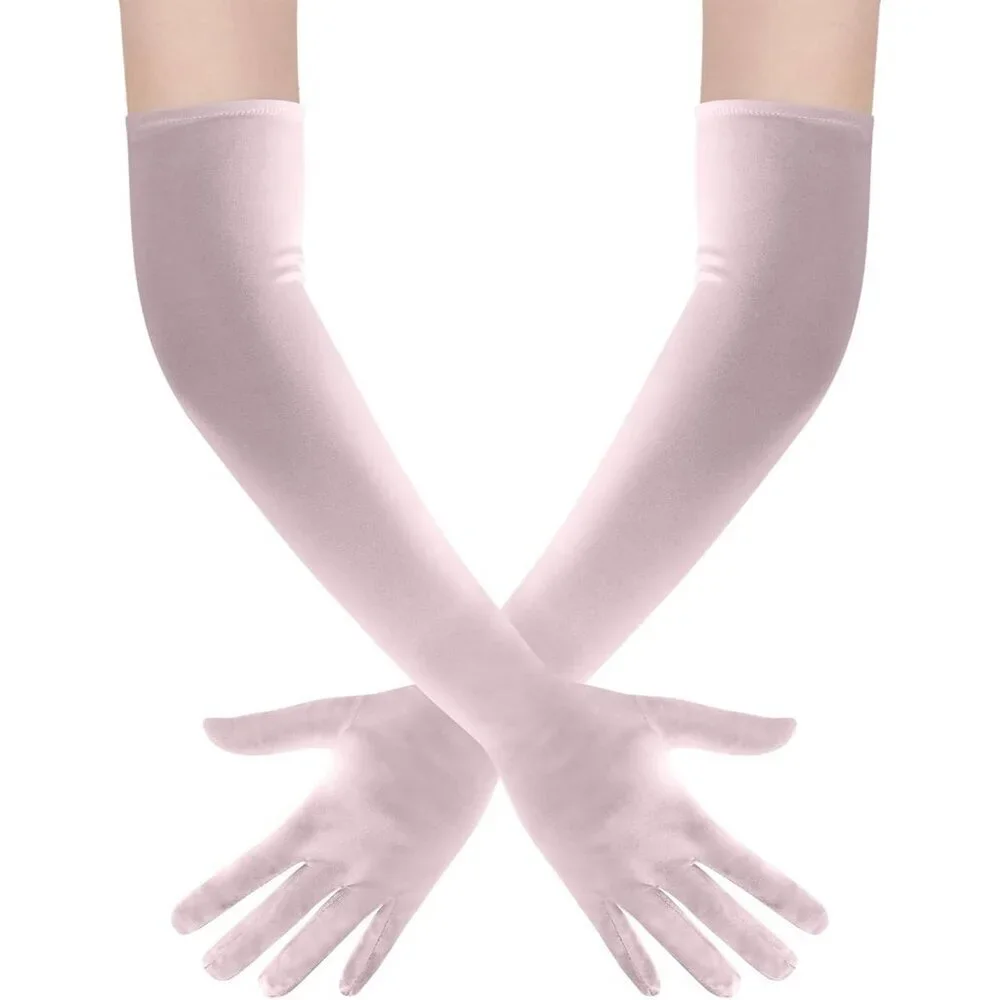 Women's Pink Long Satin Opera Fabric Gloves Party Tea Stretchy Elbow Length